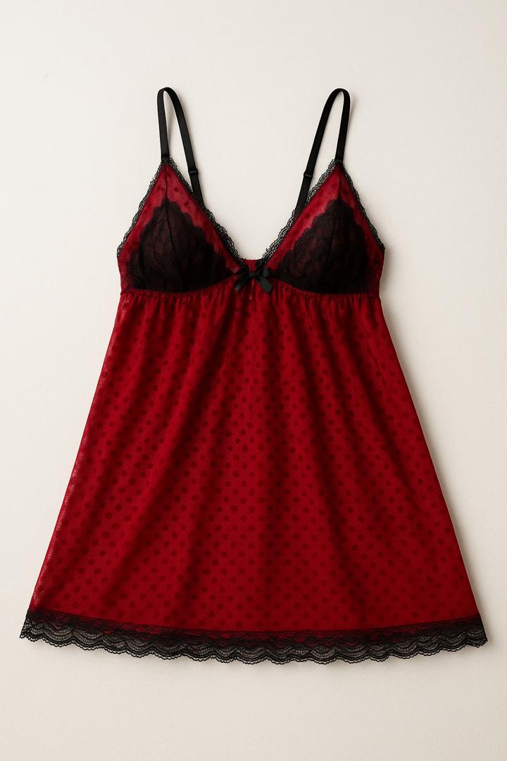 لباس خواب زنانه حریر توری قرمز و مشکی مدل قلبی