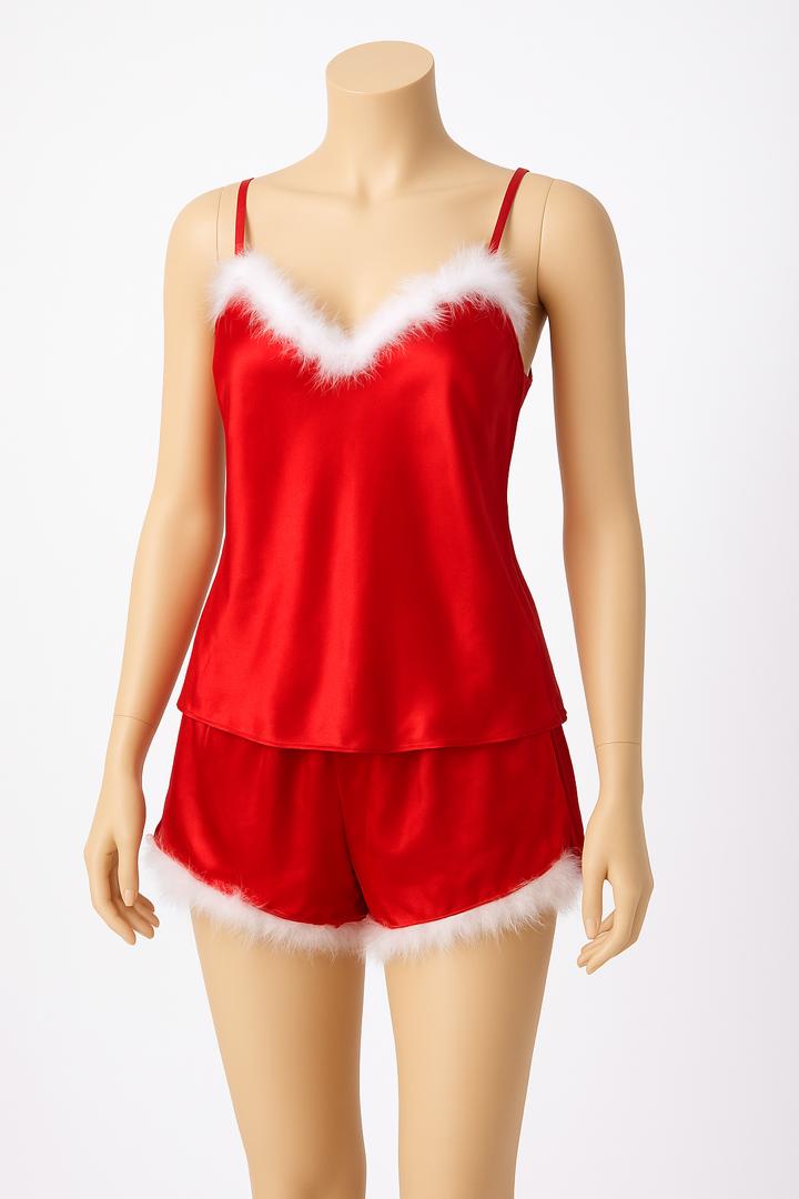 ست لباس خواب ساتن قرمز زنانه مدل پر دار – لطیف، شیک و خاص برای شب‌های رمانتیک