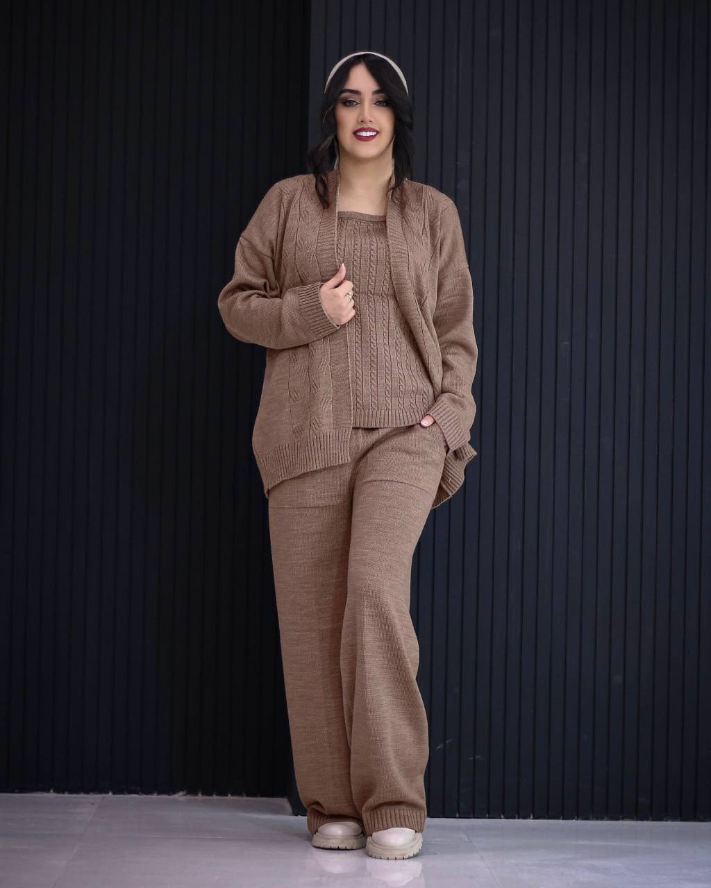 ست سه‌تیکه بافت زنانه شیک | جکت + تاپ + شلوار | مناسب پاییز و زمستان